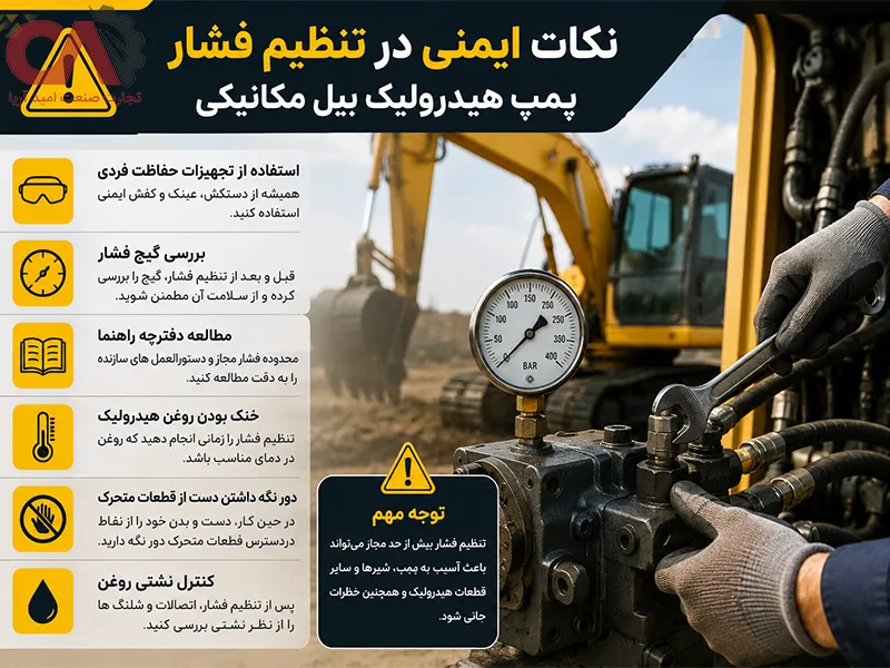 نکات ایمنی در تنظیم فشار پمپ هیدرولیک بیل مکانیکی